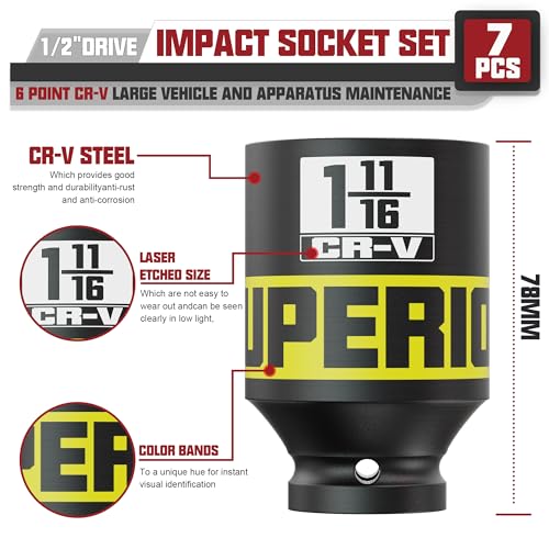 Image of 7pcs 1 /2 inch Drive Impact Socket Set, SAE Axle Nut Sockets,1-3 /8 inch to 1-3 /4 inch Thicker Jumbo Sockets, Socket Set, 6 Point, Cr-V, for Mechanics, Durable Professional Tool Kit