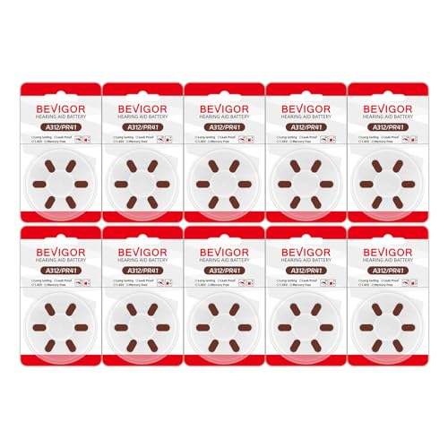 BEVIGOR Hearing Aid Batteries Size 312, Mercury Free (60 Count), Easy to Open and Carry, 1.4V, Long Lasting Batteries