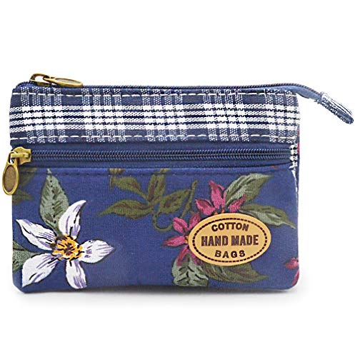 Image of Women Small Zipper Coin Purse, Handmade Fabric Flower Embroidered Change Pouch, Cotton Double Zipper Wallet