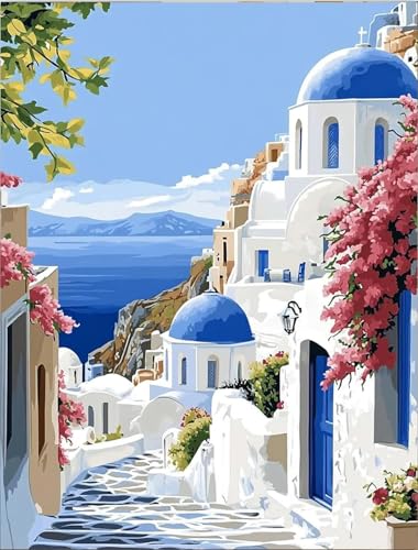 Peinture par numéros cadeau - Kit DIY adulte débutant paysage mer Égée et châssis en bois