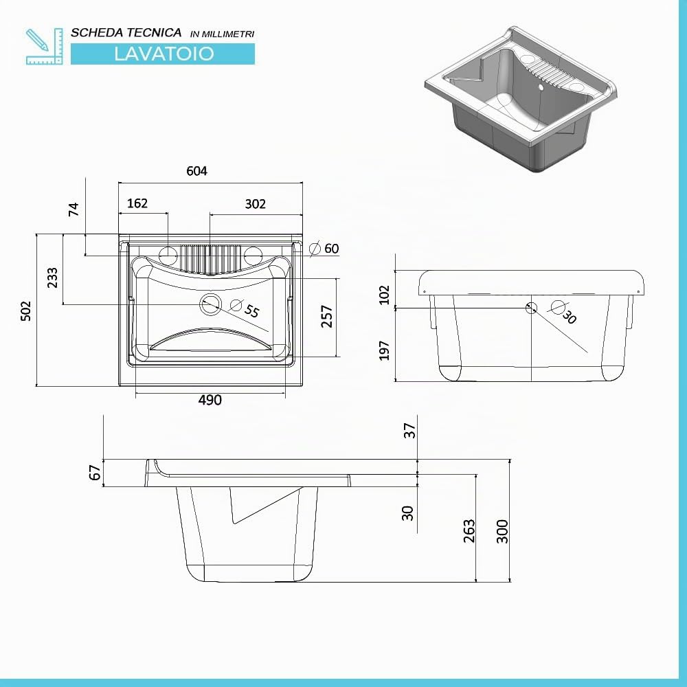 Mobile lavatoio 71x65 cm bianco e legno con vasca in resina e ripiano interno, in kit di montaggio con sifone e piletta di scarico incluso, WANDA