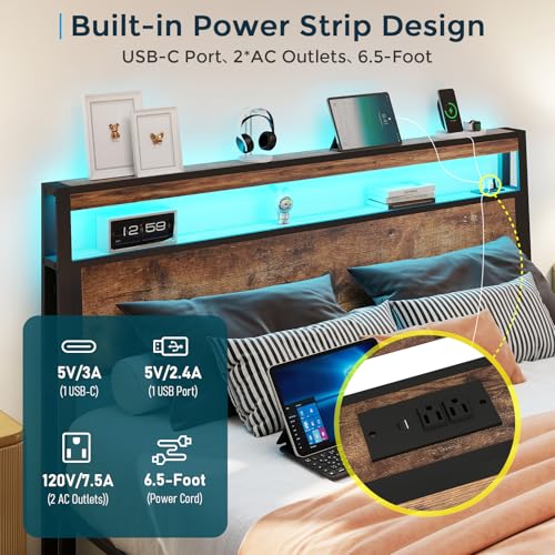 Image of Full Size Bed Frame with 2 Storage Drawers, Full Bed Frame, Vintage Brown | LED Light, Charging Station, Wood Headboard, Metal Platform, No Box Spring Needed, Noise Free, Easy Assembly