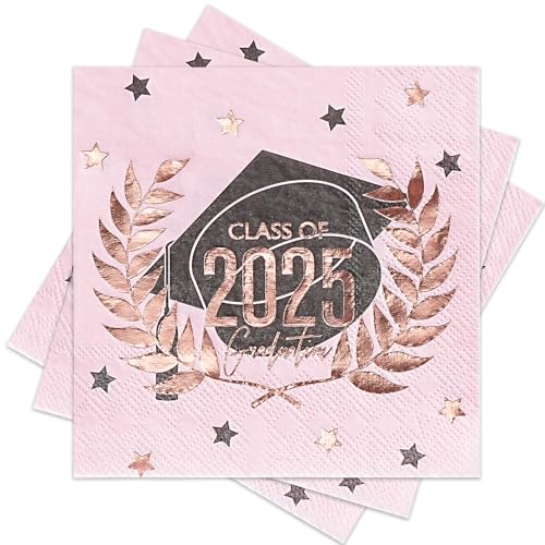 RUSPEPA 50 Pcs Graduation Napkin Paper, 3 Ply Disposable Pink with Gold Foil 