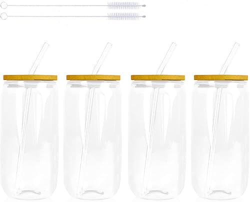 Miniatura 4 de Sohapy Juego de 4 vasos para beber, vasos en forma de lata con tapas de bambú y popote de vidrio, vasos de cerveza de 16 onzas, vaso, tazas de vino