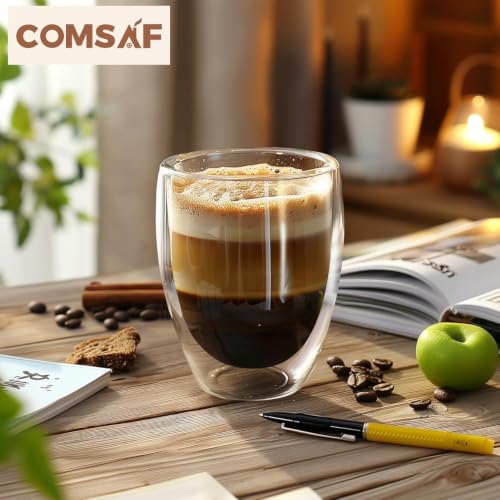Image of ComSaf Glass Coffee Mugs [Set of 2, 360ml], Double Wall Insulated Thermal Cups 12oz, Clear Glass Coffee Cup for Tea /Juice /Milk, Latte Cappuccino Espresso Mug Glassware Gift for Christmas Birthday