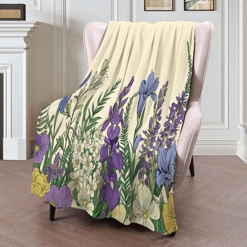 Mantas de Forro Polar Campanillas Azules, Iris, Esponjoso Cómodas Mantas térmicas Flores De Primavera, Manta Sofá Cálidas y Acogedoras para Cama, sofá, Albaricoque-230x270cm