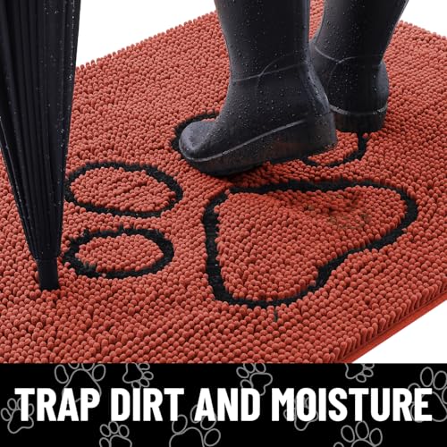 Image of Smiry Dog Door Mat for Muddy Paws, Absorbent Dirt Trapper Non Slip Quick Dry Washable Chenille Mat for Mud Dogs, Entry Rug for Indoor and Outdoor (48x30 Inches, Maple Red and Black)