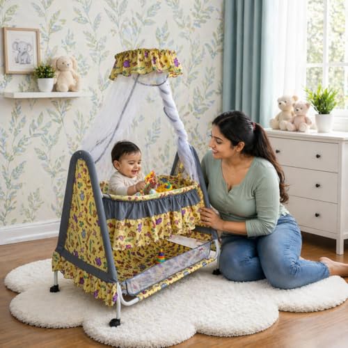 Image of Kiddery Athena Baby Cradle | Sleep Safely & Comfortably | Mosquito Net Protection | Lightweight & Compact Design | All-Wheel Lock | Unisex | 0-10 Months | Yellow