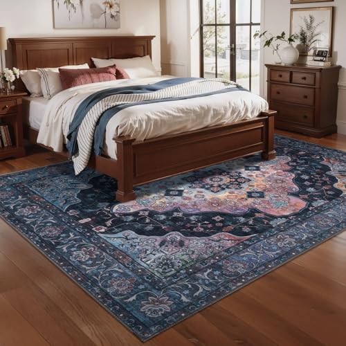 Image of Tangsoo Vintage 4x6 Washable Area Rug for Living Room, Non Slip Rug Blue
