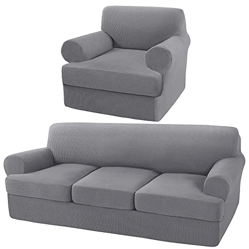 Turquoize 4 Pieces Sofa Covers for 2 Individual T Cushion Couch Sofa Slipcover Bundle 2 Pieces Chair Slipcover, Dove