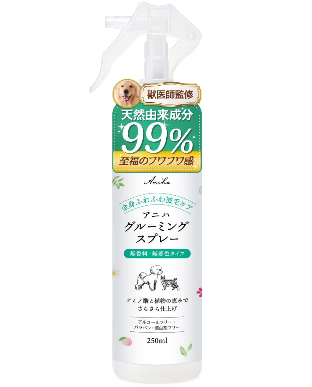 アニハ 犬猫用グルーミングスプレー【獣医師監修】無香料＆99.9％天然由来成分…