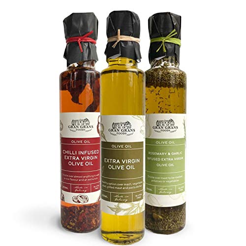 Gran Grans Olive Oil Variety Pack - 1 x Classic Extra Virgin 1 x Double Chilli Oil 1 x Rosemary & Garlic Oil - A Perfect Italian Gift Bundle - Small Batch Family Made in Ireland - 3 Bottles x 250
