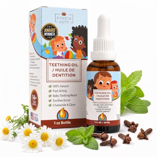 Punkin Butt - Natural Herbal Teething Oil for Babies - Daily Use Soothing Relief Drops | Baby Infant Toddler Gum & Tooth Relief | Organic Chamomile Clove & Peppermint Infusion - 1oz with Dropper