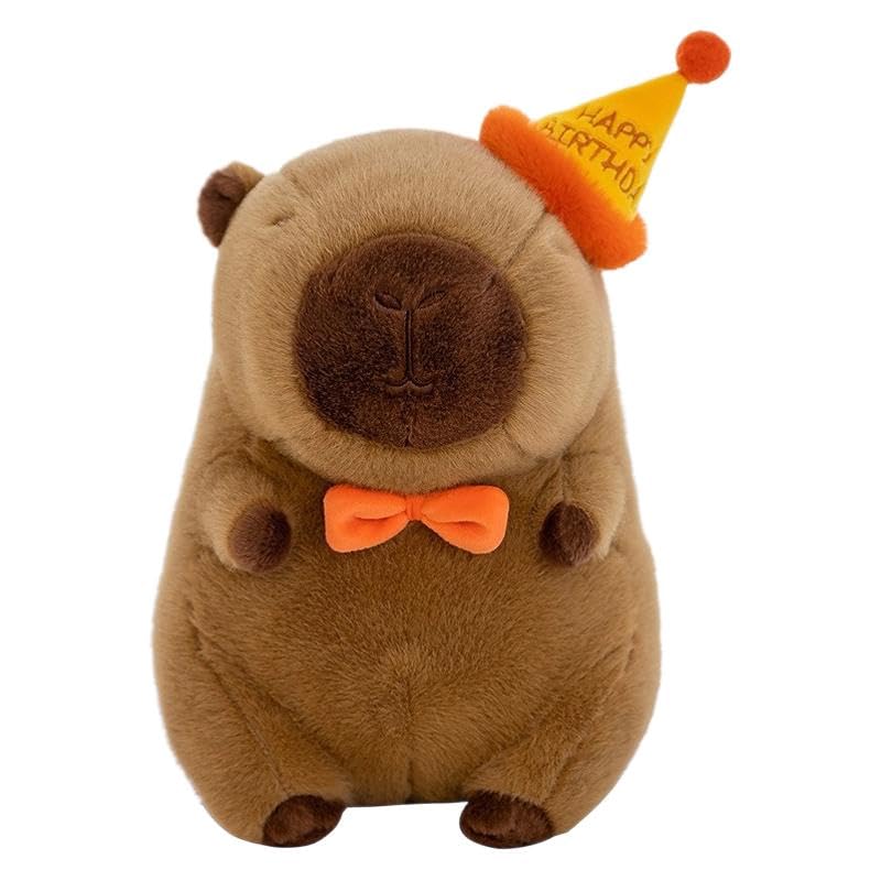 Capybara Peluche, 25cm Bambola di Peluche Giocattolo Peluche Capibara con Cappello da Compleanno Simpatico Pupazzo Cuscino Farciti Bambola Regali di Compleanno di Natale per Bambini