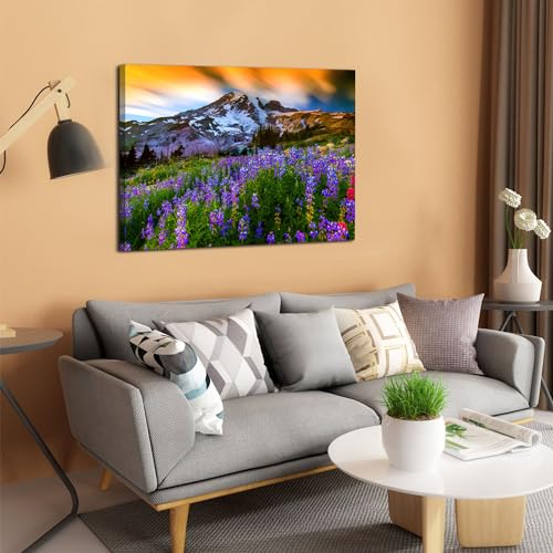 Image of Nature Flowers Landscape Wall Art Mountain Canvas Artwork Purple Floral Picture Wall Decor, Modern Wilderness Scenic Framed Painting for Living Room Bedroom Bathroom Office Home Decoration 32x48 inch