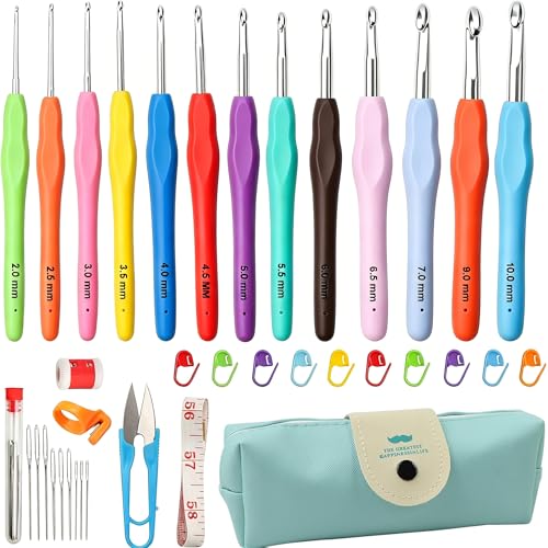 Häkelnadel Set 54 Stück 14 Größe Häkelset von 2-10 mm Soft Gummi Häckelnadeln Crochet Set mit Ergonomische Griff Häkel Zubehör Häkeltasche für Anfänger Und Erfahrene Häkelliebhaber Geschenk