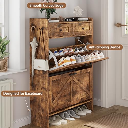 Image of Shoe Cabinet with 2 Flip Drawers & 2 Top Drawers, 43 inch Tall Freestanding Narrow Wooden Shoe Storage Organizer for Entryway, Hidden Slim Shoe Rack for Front Door Entrance, Hallway, Living Room, Brown