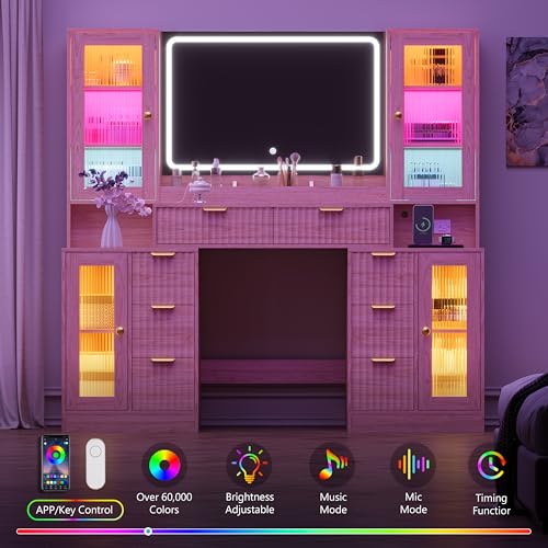 Image of Fluted Makeup Vanity Desk with Mirror and Lights, 55 inch Glass Top Vanity with 8 Drawers & 4 RGB Glass Cabinets, Adjustable Shelves & Power Outlet, Modern Dressing Table Set for Women Girls Bedroom