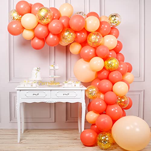 Image of PartyWoo Red Gold and Nude Balloons 66pcs 12 10 Inch Pearl Coral Red Nude Apricot Gold Confetti Balloons for Graduation Baby Shower Birthday New Year's Eve Anniversary Bachelorette Party Decorations
