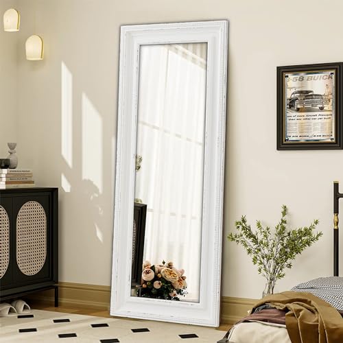 Sintosin Rustic Large Standing Mirror Full Length 67 X 26 Inch, Distressed White Big Boho Wood Floor & Full Length Mirror with Beaded Border, Farmhouse Long Mirrors for Living Room Bedroom
