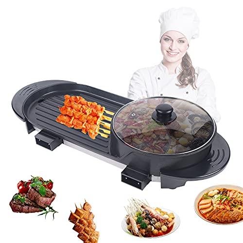 Kathring Electric Hot Pot with Grill, 110V Multifunctional BBQ Hot Pot Separate Double Thermostat Teppanyaki Grill Pot Electric Hotpot Pot Electric Grill, 5 Speeds, Black