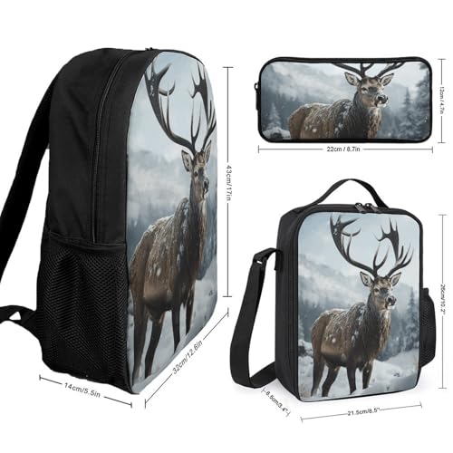 3 Piece Backpack for Women Men Lightweight Causal Daypack Shoulder Bag Set with Insulated Lunch Bag And Pencil Case Organizers Snow Elk2