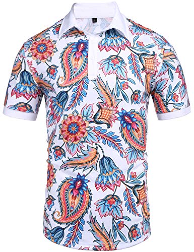 Daupanzees Mens Paisley Polo Shirt Short Sleeve Polo Shirt Paisley Floral Printed Casual Polo T Shirt(White M)