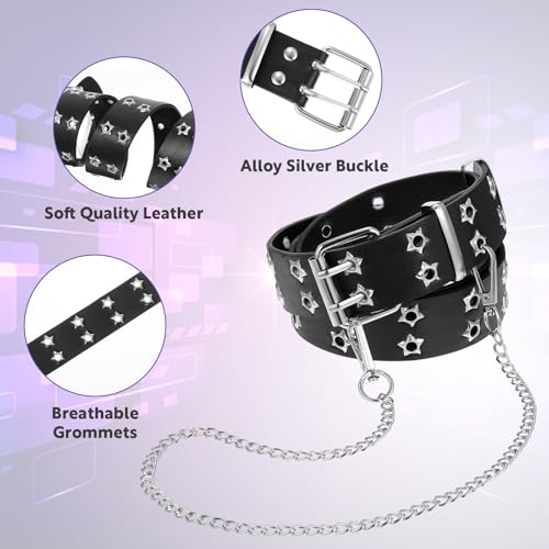 Black Studded Belt, Star Punk Rock Star Studded Leather Belt with Grommet Threads Bright Metal Pyramid for Women Men3