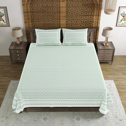 Image of BLOCKS OF INDIA Hand Block Printed 200 TC Cotton Super King Size Bedsheet (Light Green GAD BUTI)