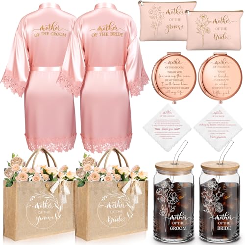 Image of Hushee 12 Pcs Mother of the Bride Groom Gift Set: Satin Robes for Women Tote Bags Makeup Bags 16oz Glass with Straws Handkerchiefs Mirrors for Mom Bridal Shower Wedding Gifts (Pink,Flower)