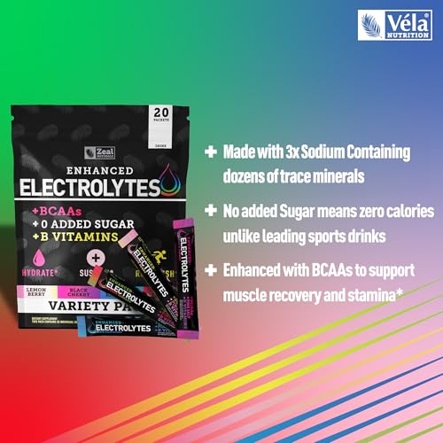 Image of Zeal Naturals Enhanced Electrolyte Powder Stick Packs (Variety Pack - 20 Packets) Sugar Free + BCAA B-Vitamins & Pink Himalayan Salt - Keto Electrolytes, Hydration Powder