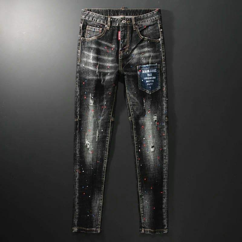 Street Men Jeans Retro Slim Fit Ripped Mens Pocket Trousers Spliced Hip Hop Vintage Denim Pants2