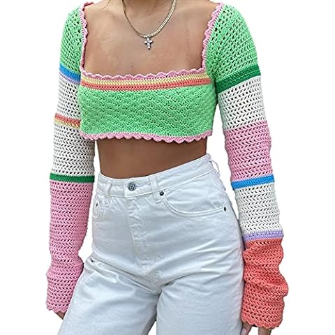 PDYLZWZY Women's Long Sleeve Crochet Knitted Crop Tops Square Neck FalbBlock Cropped Pullover Streetwear for Girls, Green, XL Cover