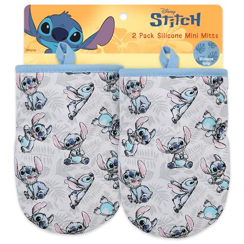Image of Disney Stitch Mini Oven Mitts, 2-Pack, Heat Resistant 450F | Compact 5.5 inchx7.5 inch pot holders for kitchen, printed silicone offers non-slip grip, ambidextrous,hand wash or spot clean