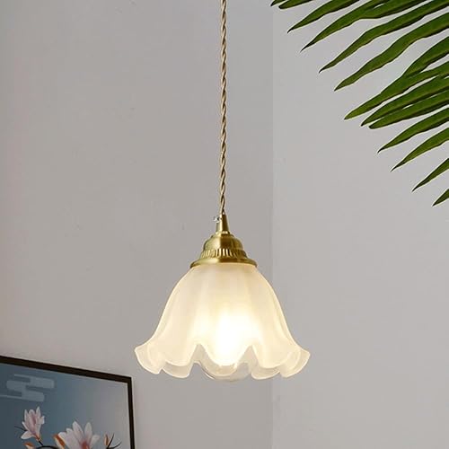 Lámpara colgante con forma de flor retro nórdica, moderna lámpara colgante colgante de cúpula dorada con pantalla de vidrio esmerilado, cable