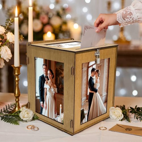 Image of OurWarm Wooden Wedding Card Box with Picture Frame, Large Gift Card Box for Wedding Reception, Rotatable Envelope Money Card Box for Party Graduation Birthday Baby Shower Wedding Decorations