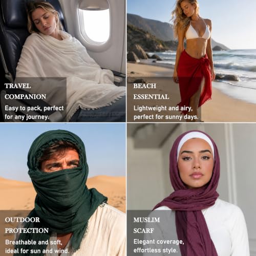 Image of Lightweight Cotton Blend Scarf for Women Men | Large,Breathable,Thin,Soft,Crinkle Scarf,Hijab Head Wrap,NeckScarf,Everyday,Travel Scarf,Summer Dress Scarves Holiday Gift