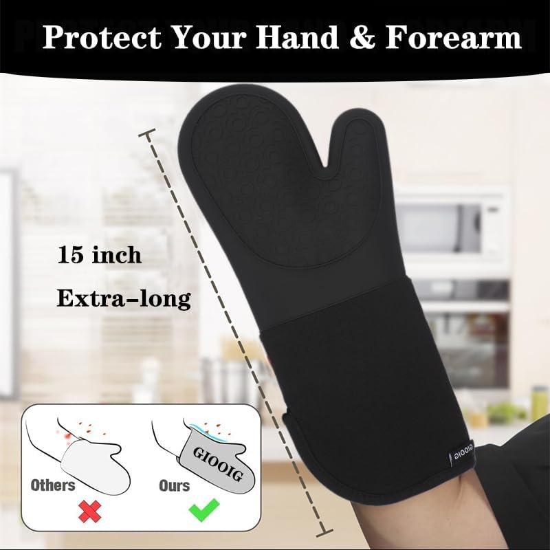 Miniatura 3 de Manoplas de horno de silicona extralargas y soportes para ollas, guantes de horno de 15 pulgadas, resistentes al calor, 500 F, guantes para horno