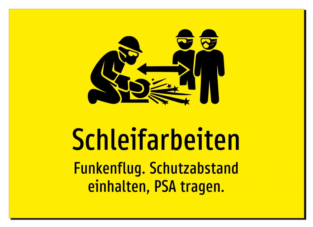 38114-DE-S-13 | Schleifarbeiten - Funkenflug. Schutzabstand einhalten,