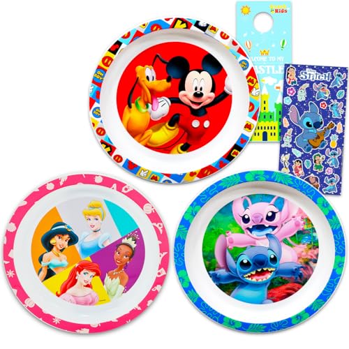 Disney Dinnerware Set for Kids - 3 Pc Kitchen Accessories Bundle with Stitch, Mickey Mouse, Minnie Mouse Plates Plus Stickers, More | Disney Plates...