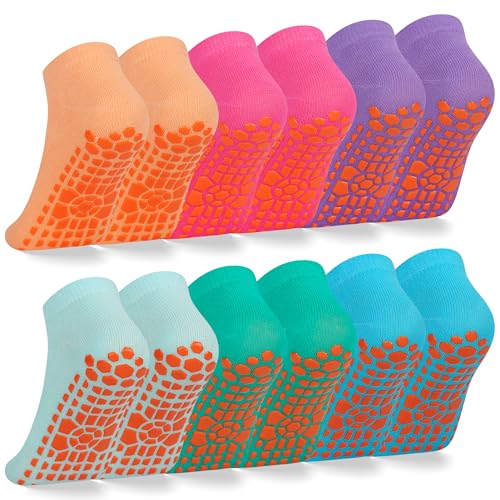 LIFPAU Kids Non Slip Trampoline Socks 6 Pairs, Kids Grip Ankle Socks, Athletic Sock for Boys Girls 6-9 Years(Assorted B,6-9Years)