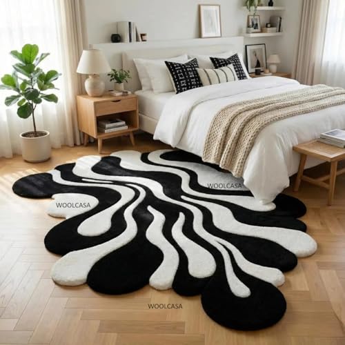 Image of Hand Tufted Wool Rug 6x8 Ft - Modern Irregular Shape Aesthetic Carpet, 1 Inch Thick Pile, Anti-Skid Backing, Soft Handmade Woolen Area Rug for Living Room, Bedroom, Hall Decor