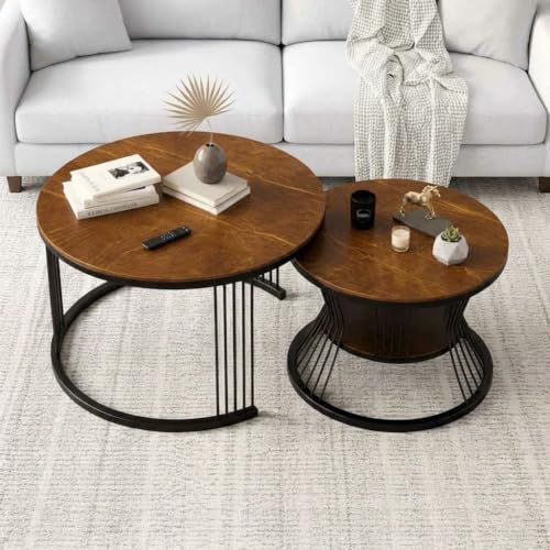 Image of NEST NATURE HAVEN Wrought Iron Frame 19.5 inch x 19.5 inch Round Coffee Table: Set of,2 Piece MDF Top Industrial Design Stacking Nesting Table - for Living Room,or Lounge Home Decor Furniture (Black & Brown)