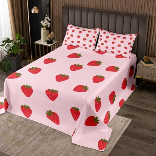 jejeloiu Cute Strawberry Bedspread Queen Size Kids Kawaii Pink Coverlet Set for Boys Girls Teens Fruit Quilted Coverlet Breathable Bedroom Decor