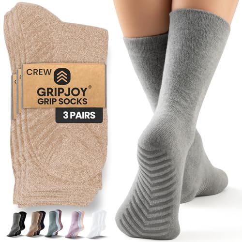 Image of Gripjoy Grip Socks for Women, Grippy, Non Slip, Gripper Socks for Women & Men, Pilates, Yoga, Hospital, 3 Pairs, Crew