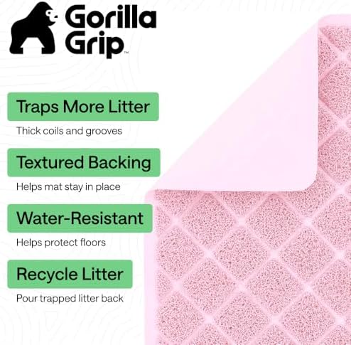 GORILLA GRIP Cat Litter Box Mat, 35x23, Water Resistant Kitty Litter Trapping Mat, Textured Backing, Easy to Clean, Less Waste and Clean Floors, Kitten Supplies for Indoor Cats, Soft on Paws, Lt Pink