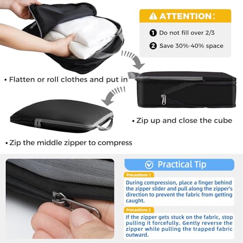 Image of BAGAIL 4 Set /6 Set /8 Set Compression Packing Cubes Travel Accessories Expandable Packing Organizers (Cloth Pattern, 4-Black)