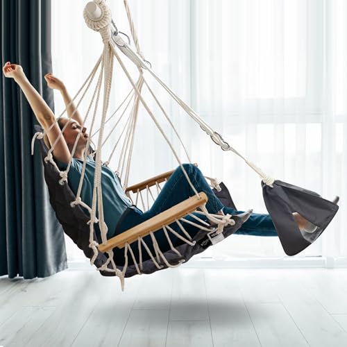 Image of Patio Swing Chair with Adjustable Footrest & Headrest-Quilted Fabric&Steel Spreader Bar,Wooden Armrest for Porch /Garden;350lbs Capacity;Hardware kit Included Dark Grey