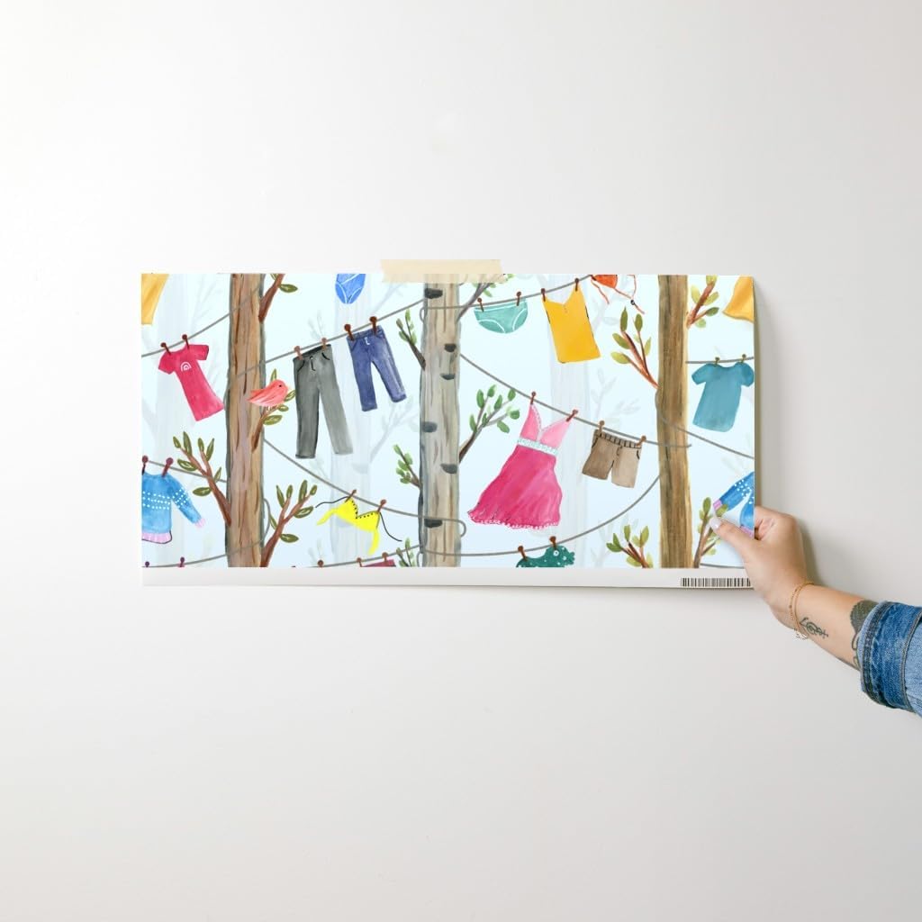 Spoonflower Removable Wallpaper Swatch - Whimsical Laundry Clothes Trees Clothesline Room Dress Shorts Shirt Bathing Suit Colorful Stockings Custom Pre-Pasted Wallpaper