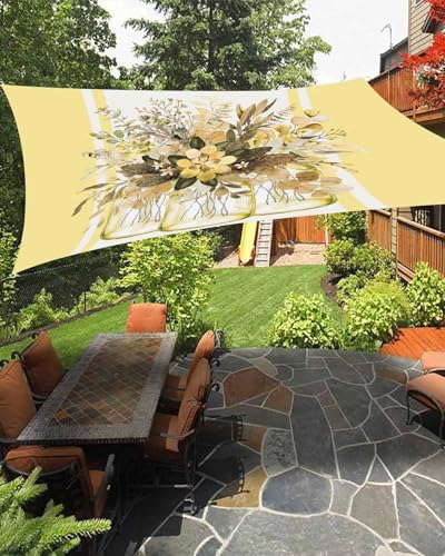 Sun Shades Outdoor Patio Covers for Shade & Rain, Floral Eucalyptus Leaf Sun Sail Shades Waterproof, Flowers Stripes Yellow Sun Shade Sail UV Protective for Backyard/Garden/Deck/Pool 6.5x10 ft